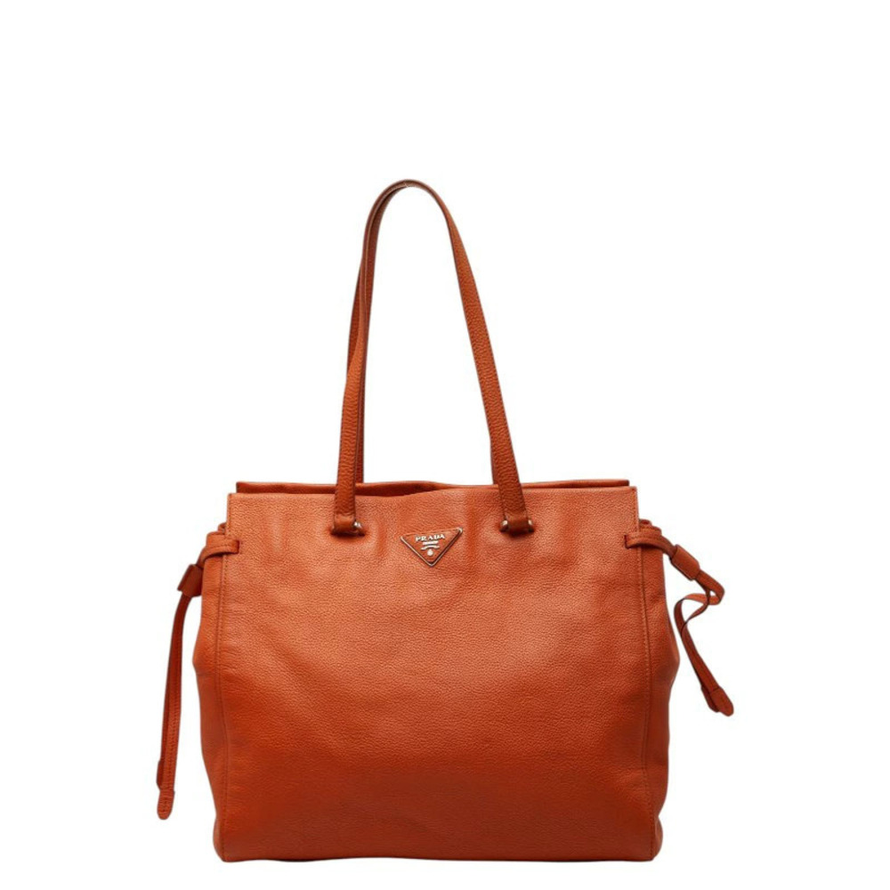 Prada Triangle Plate Handbag Tote Bag Orange Leather